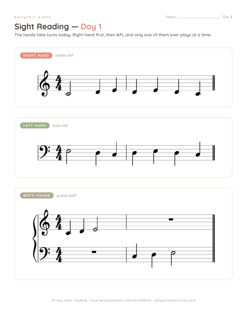 Day 1 of the pack: a right hand line in treble clef, a left hand line in bass clef, and a both hands line on a grand staff.